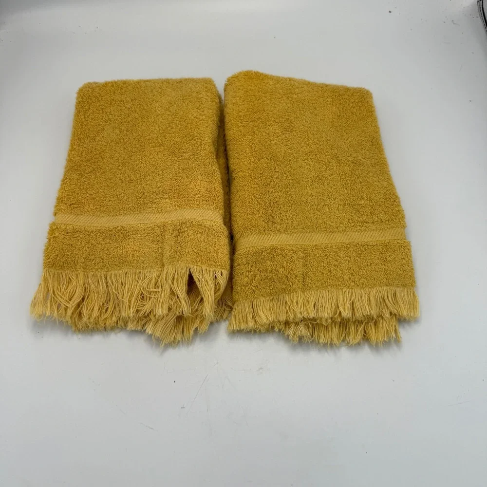 Vintage 70s Cannon Royal Family Mustard Yellow Hand Towels Fringed Set of 2 USA